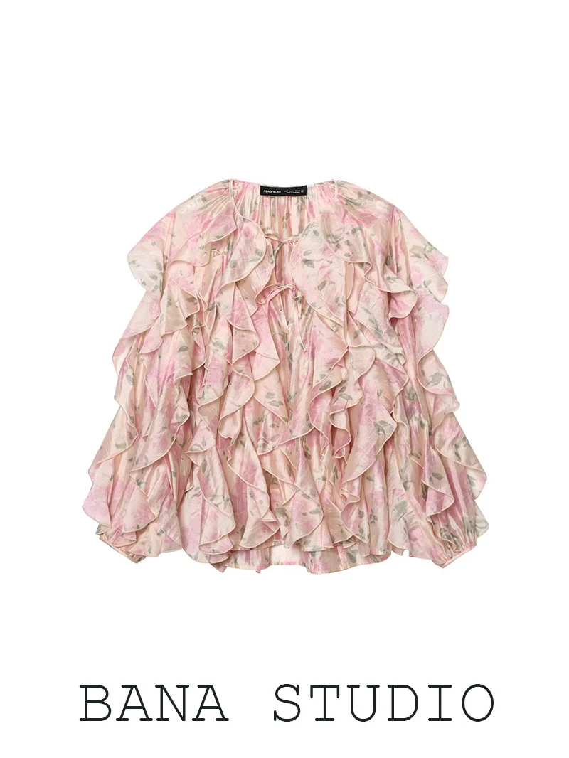 

Романтичная женская рубашка с длинными рукавами, поясом на завязках, розовым цветочным принтом, прямого кроя, свободного покроя, повседневная, модная