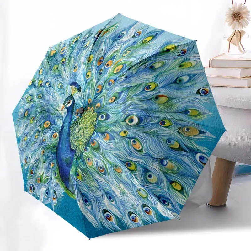 

Складной зонт с рисунком животного павлина, модный автоматически открывающийся 8, железные ребрышки, пластиковая ручка, складной солнцезащитный козырек, идеальные рождественские подарки