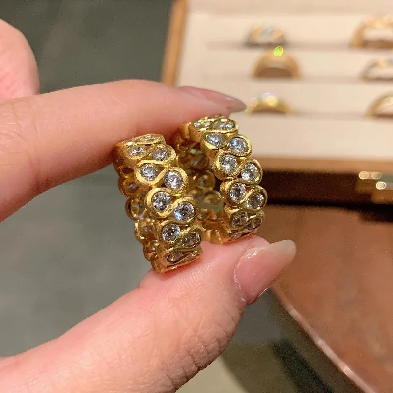 Vintage brushed inlay diamond rings for women classic fashion double row round wide ring Couple style wedding banquet jewelry