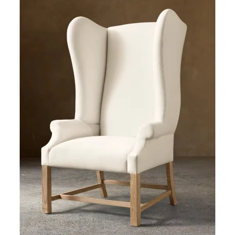 *Classic High Wingback Upholstered Armchair Natural Oak Wood Frame Linen Fabric Accent Lounge Chair for Living Room Villa