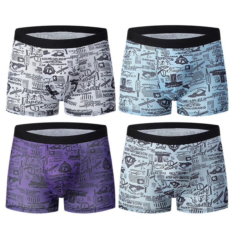 4-Piece Set Of Four Season Men's Boxer Shorts With Printed Multi-Color Fashionable Words Sporty And Comfortable Casual Shorts