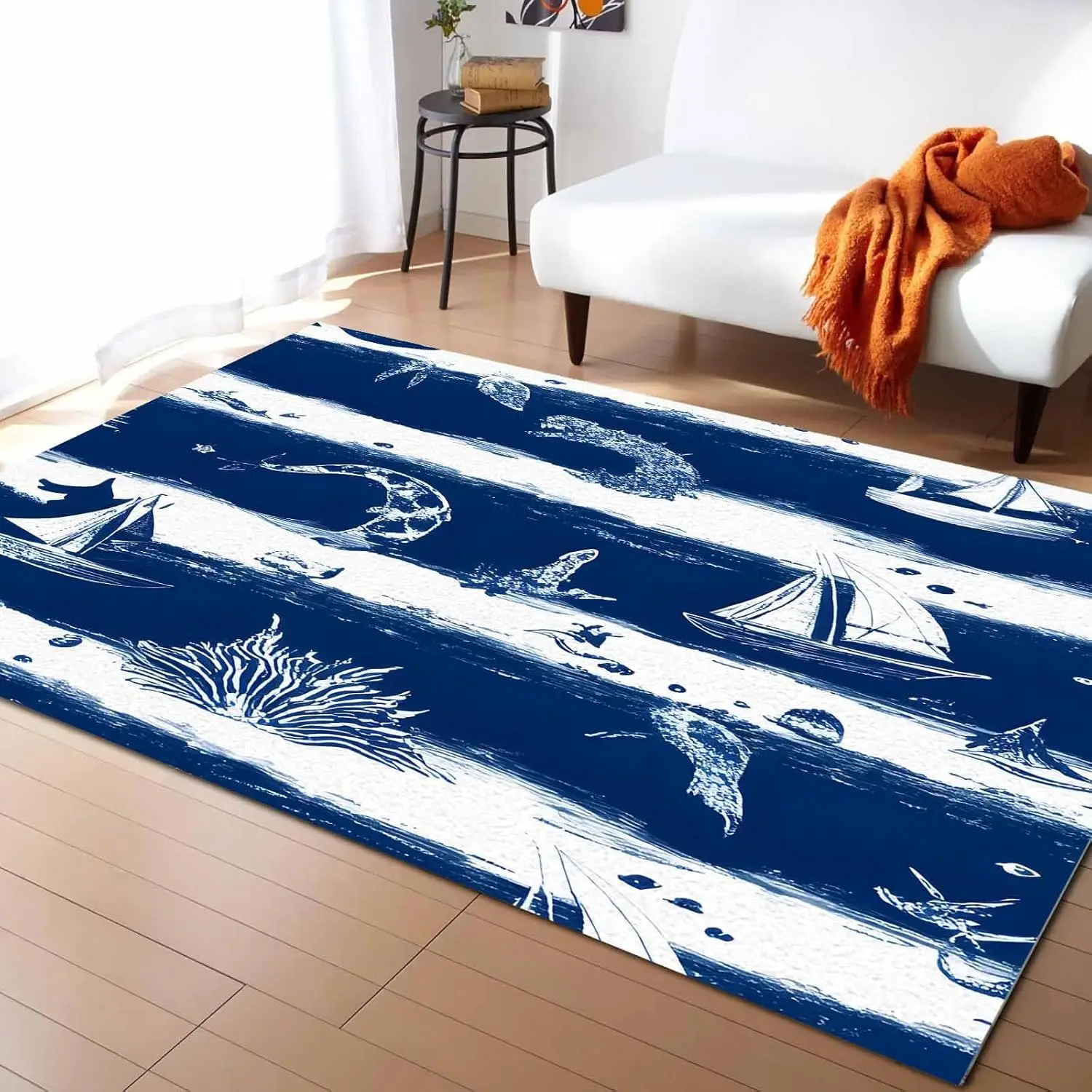 

Моющиеся коврики для морской лодки Ocean Coastal Coral Темно-синие полосатые нескользящие коврики с градиентом для гостиной, спальни, пол с низким ворсом