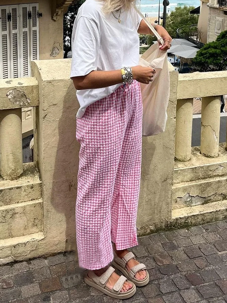 Women's Summer Casual Pants Plaid Drawstring High Waist Straight Leg Trousers for Oversize Daily Wear Chic Basic Pink Cargo Pant