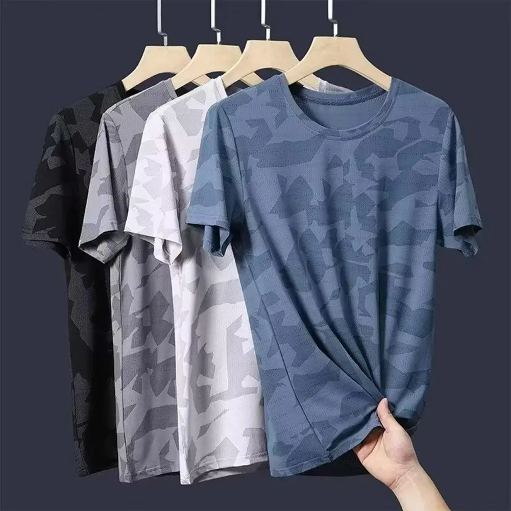 Summer Men T-shirt Round Neck Short Sleeves Thin Quick-drying Loose Camouflage Print Pullover Mid Length Casual Sport Travel Top