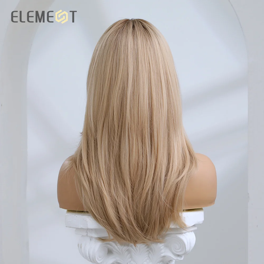 Element-pelucas de fibra sintética para mujer, pelo largo y liso, ondulado, marrón, Rubio, con flequillo, resistente al calor, a la moda, Natural,