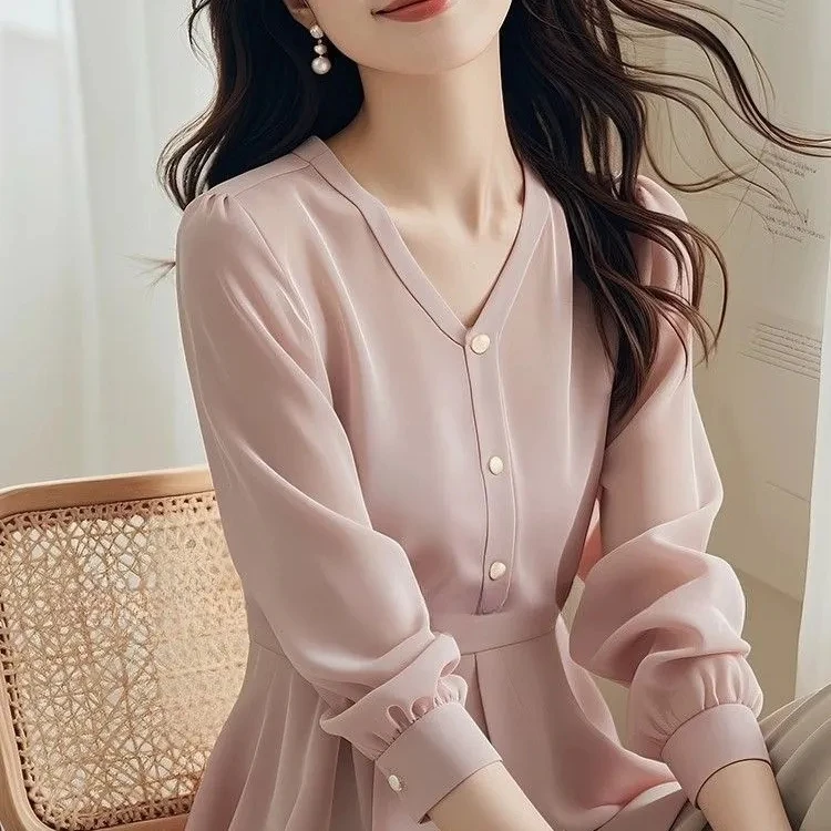 Ele V-Ne Long Sve Women's irt Unique Waist-Cinching Design Spring Autumn Sli Top Light Luxury Pink Color
