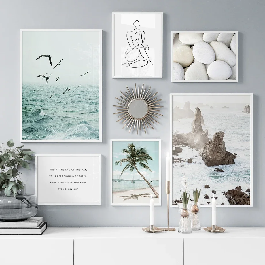 (No frame)Piedra blanca Natural, árbol de coco, playa, chica, línea de dibujo, lienzo artístico de pared, impresión de póster