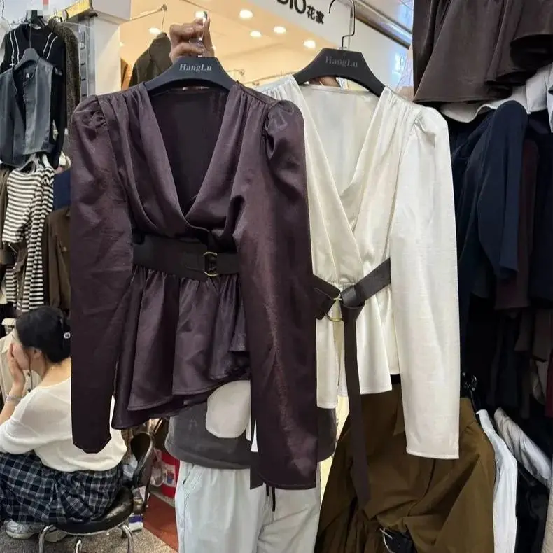 

Ele Ретро Гонконг Sle Женский ремень с поясом Long Sve Slim Fit V-Ne Дышащий Удобный Весна Осень