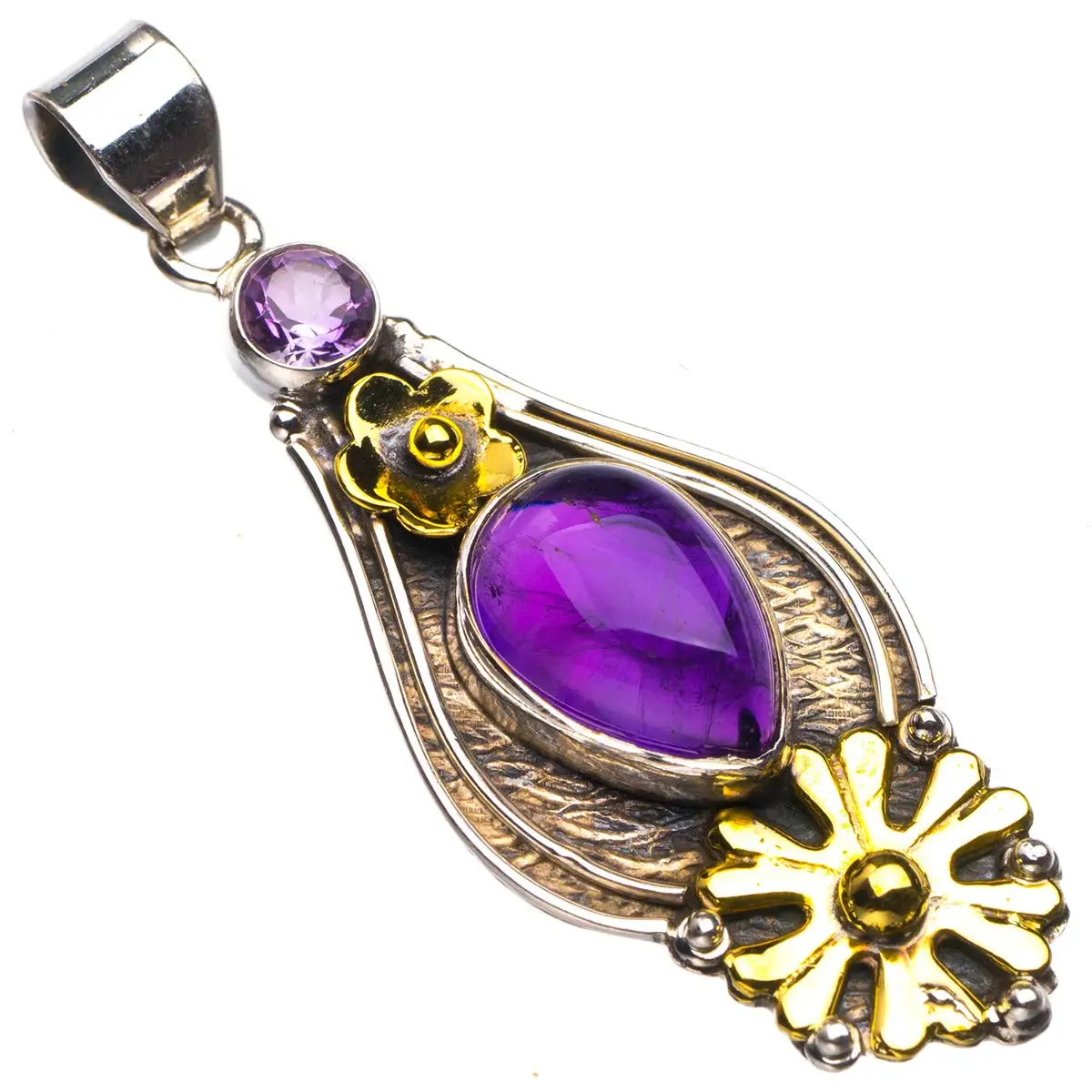 

StarGems® Natural Two Tones Amethyst Flower Handmade 925 Sterling Silver Pendant 2" D5599