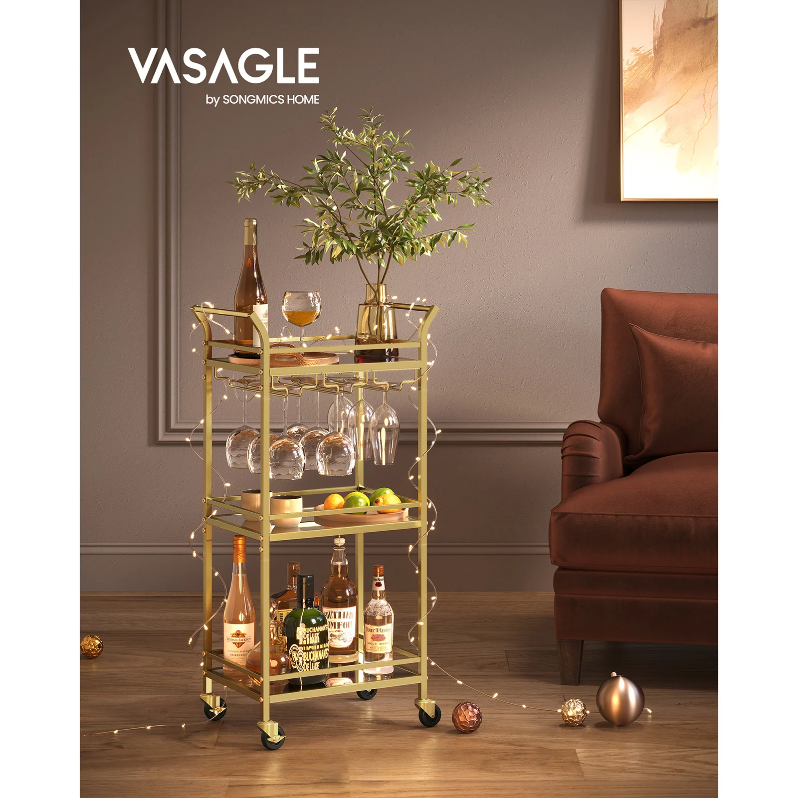 VASAGLE 3-Tier Drinks Trolley. Gold Bar Cart on Wheels with Handles, Mirrored Shelves. For Small Spaces, Kitchen, Dining Room