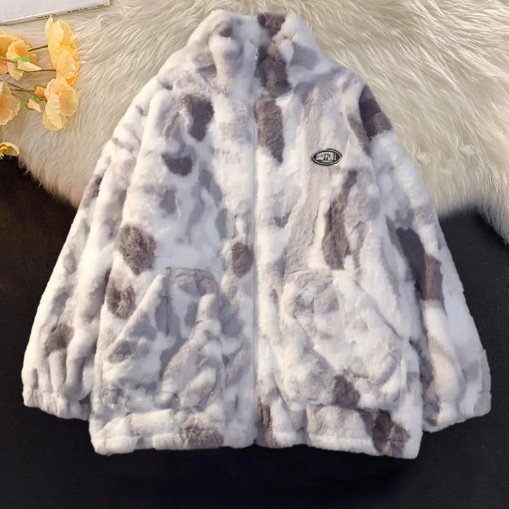 Women Thermal Jacket Tie-dyed Faux Lambswool Coat Winter Coat with Plush Lining Stand Collar Zipper Closure Windproof Resistant