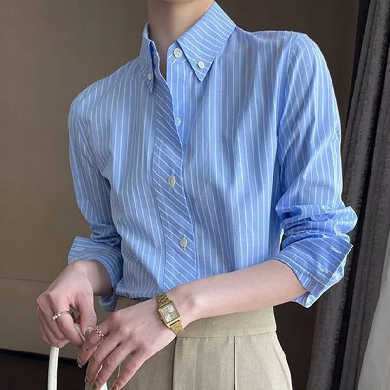 Blue Striped Printed Shirt for Women Spring Autumn 2023 New Office Lady Turn-down Collar Button Long Sleeve Loose Blouse