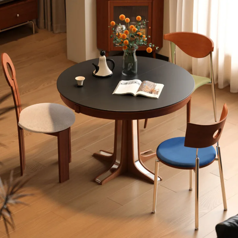Wood and rock slab retractable dining table oval folding round table household small apartment table