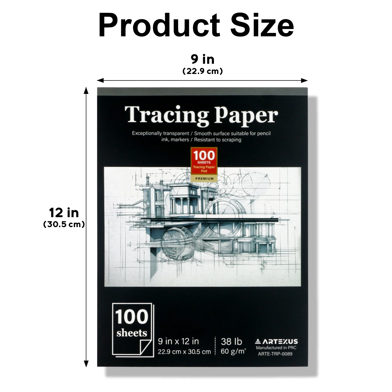 Tracing Paper for Drawing, 9 X 12\'\' Tracing Paper Pad, 100 Sheets Transparent Vellum Paper for Tracing Pads, 38lb/60gsm