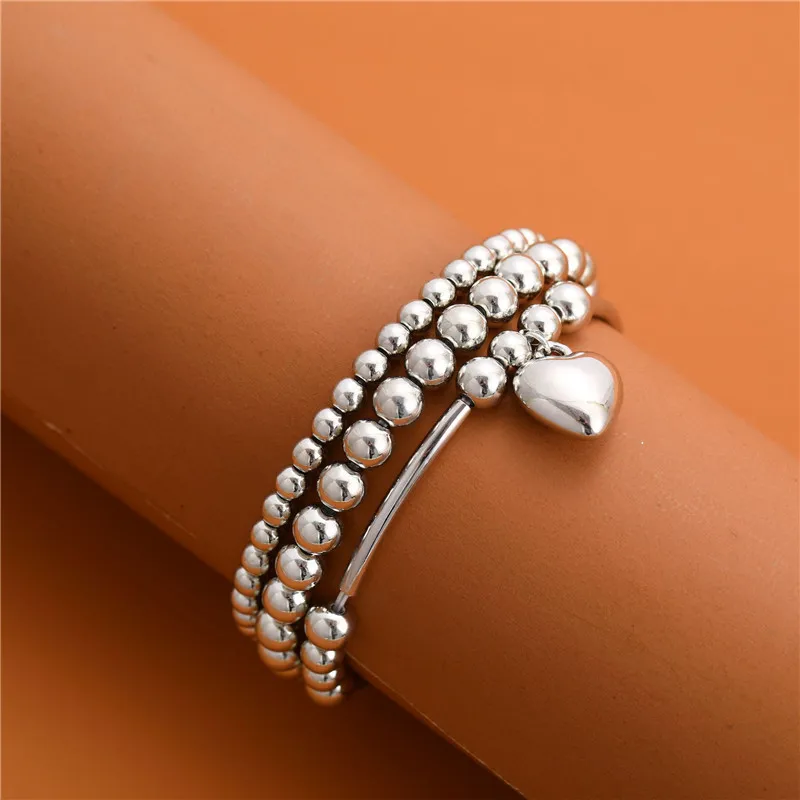3 pcs/set Trend Heart Pendant Bracelets Set for Women Silver Color Ball Beaded Bracelets Bangles Jewelry New 2025