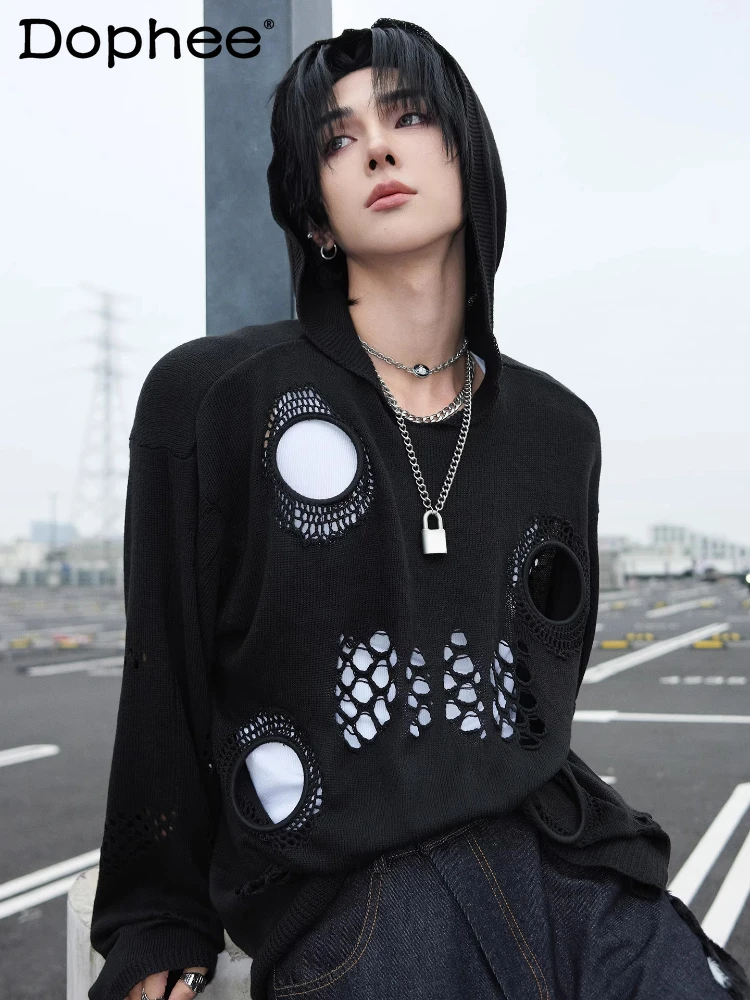 

Men's Trendy Sweaters Hoodies Jackets 2025 Autumn Winter New Fashion Versatile Hooded Knitted Tops Loose Hole Pullover Knitwears