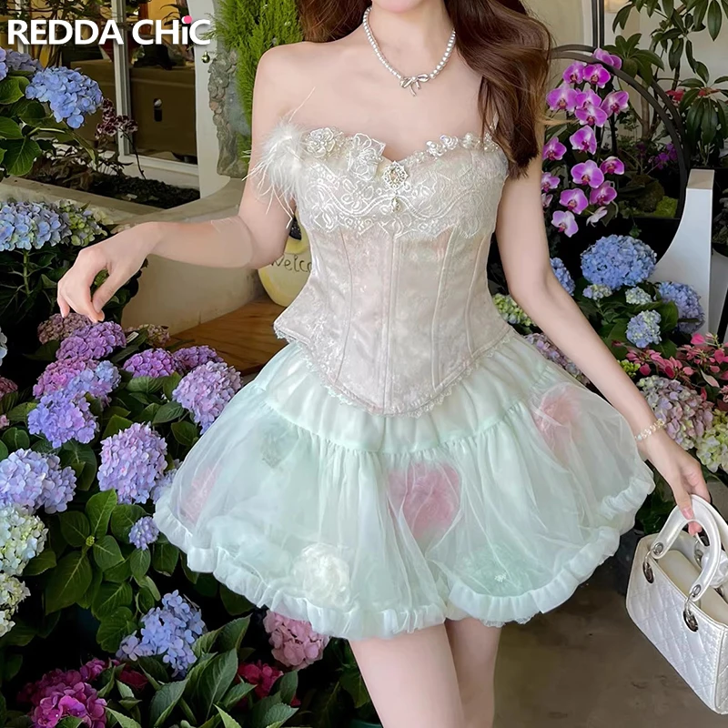 

REDDACHiC Coquette Corset Tutu Gown Matching Set Lace Trim Applique Boned Corset Tulle Tiered Mini Skirt Lolita Women Clothes