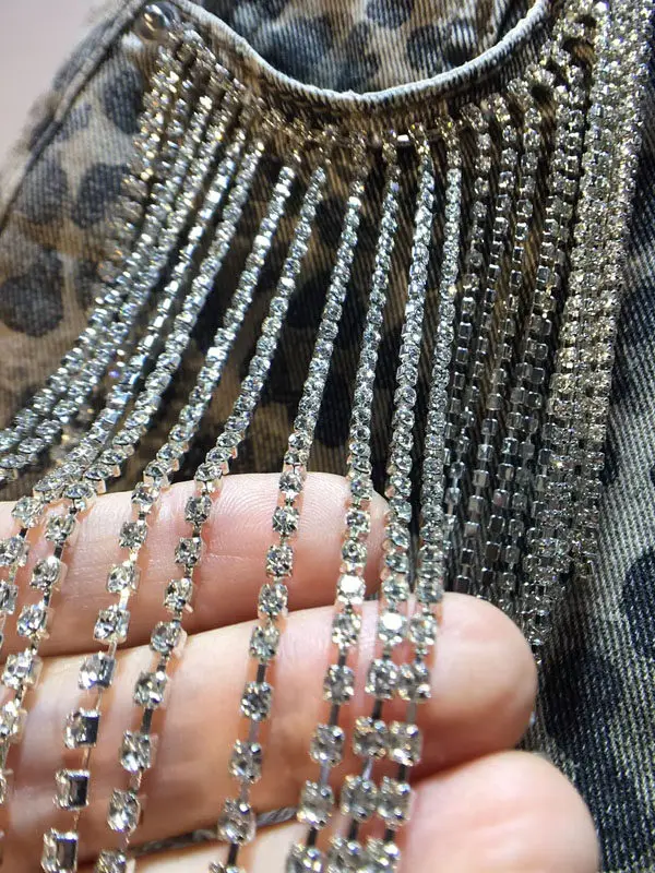 Shorts Vaqueros Cortos de Mezclilla para Mujer, Estampado de Leopardo, Estilo Americano, Primavera Verano, Cintura Alta, con Diamantes y Borlas, Estilo A-line