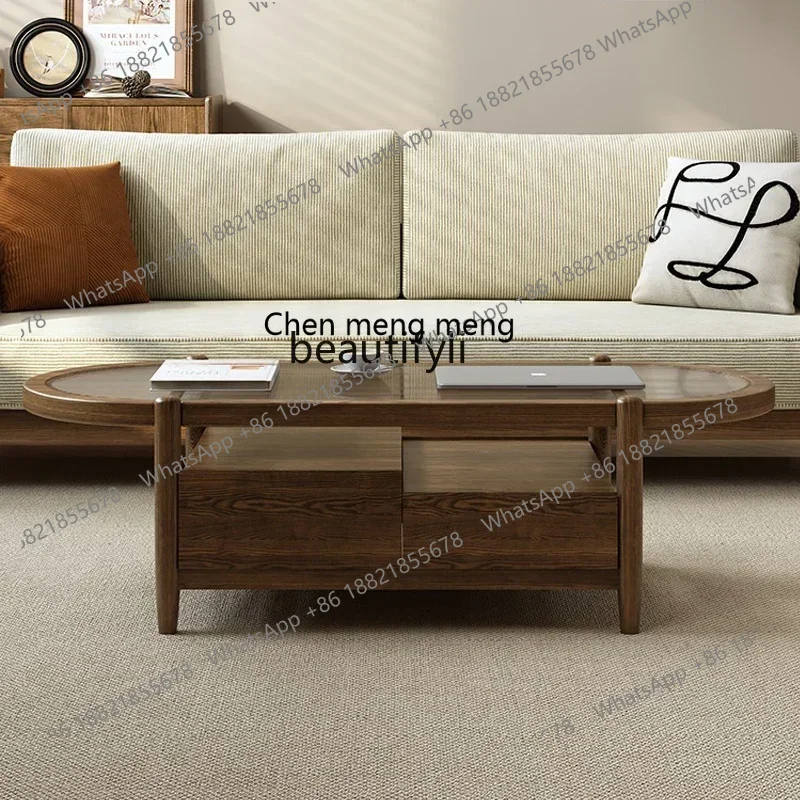 New Arrivals Nordic Ash Wood Tea Table Walnut Color Japanese Style Storage Living Room Changhong Glass Tea Table S8350