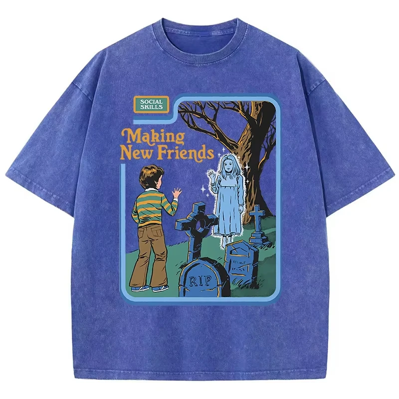 Social Skills Making New Friends Washed Retro Male Women T-Shirts Hip Hop Breathable Tops Casual T Shirt Oversized Cotton T-Shir