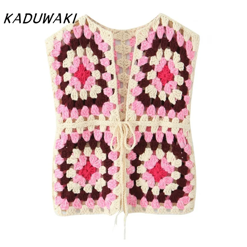 

KADUWAKI American Retro Autumn Women Front Button O Neck Handmade Crochet Vest Flower Plaid Sleeveless Boho Sweater Outerwear