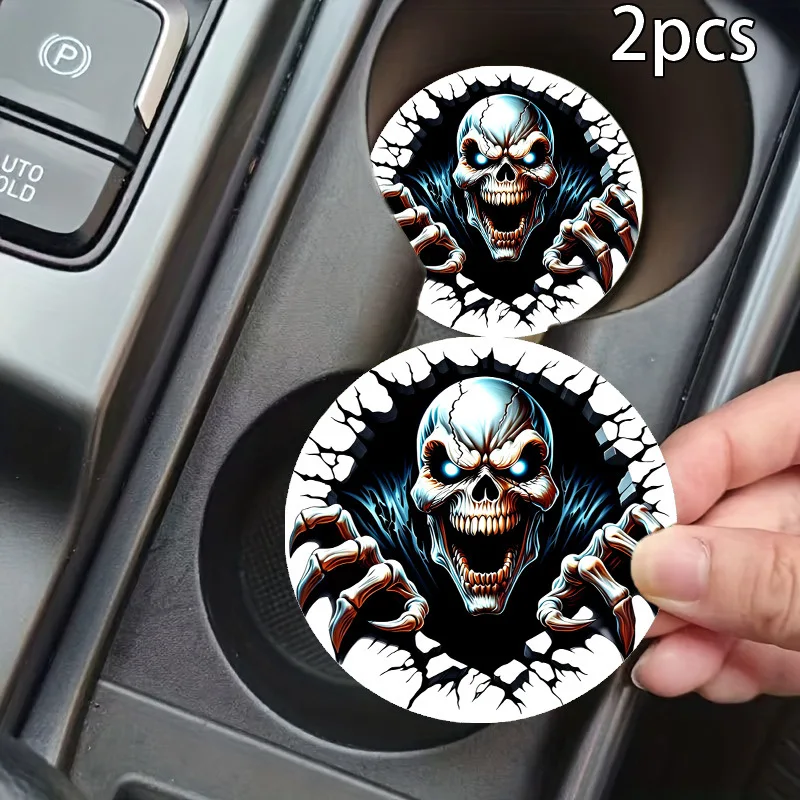 Halloween Skull Car Cup Holder Coasters, Soft Leather Anti-Scratch Washable Cup Pads, 2.75