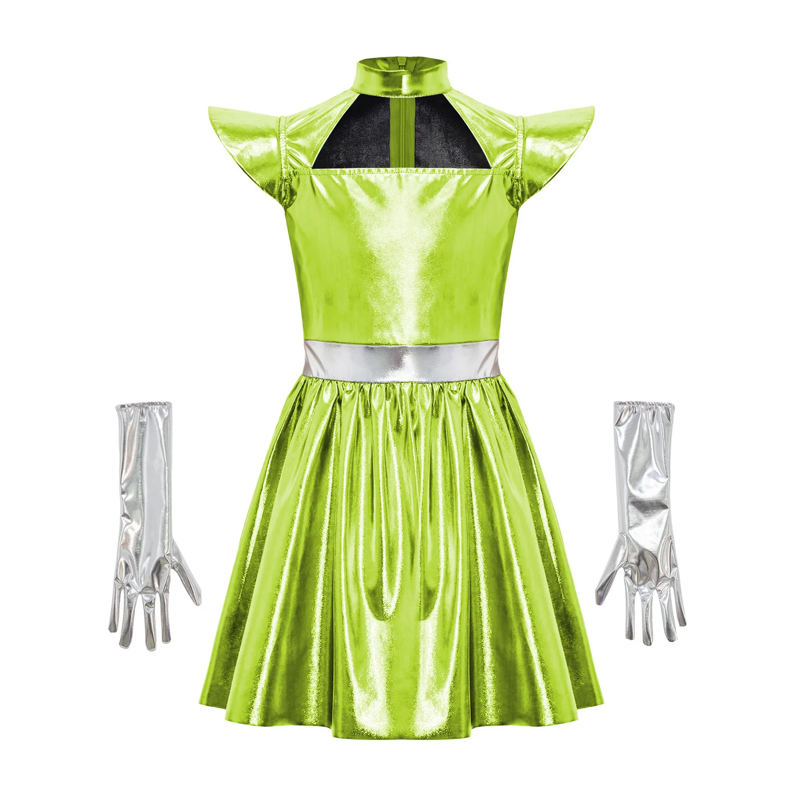 Kids Girls Halloween Space Alien Costume Metallic Shiny Zipper Dress with Gloves Robot Astronaut Galaxy Warrior Dress-up Clothes