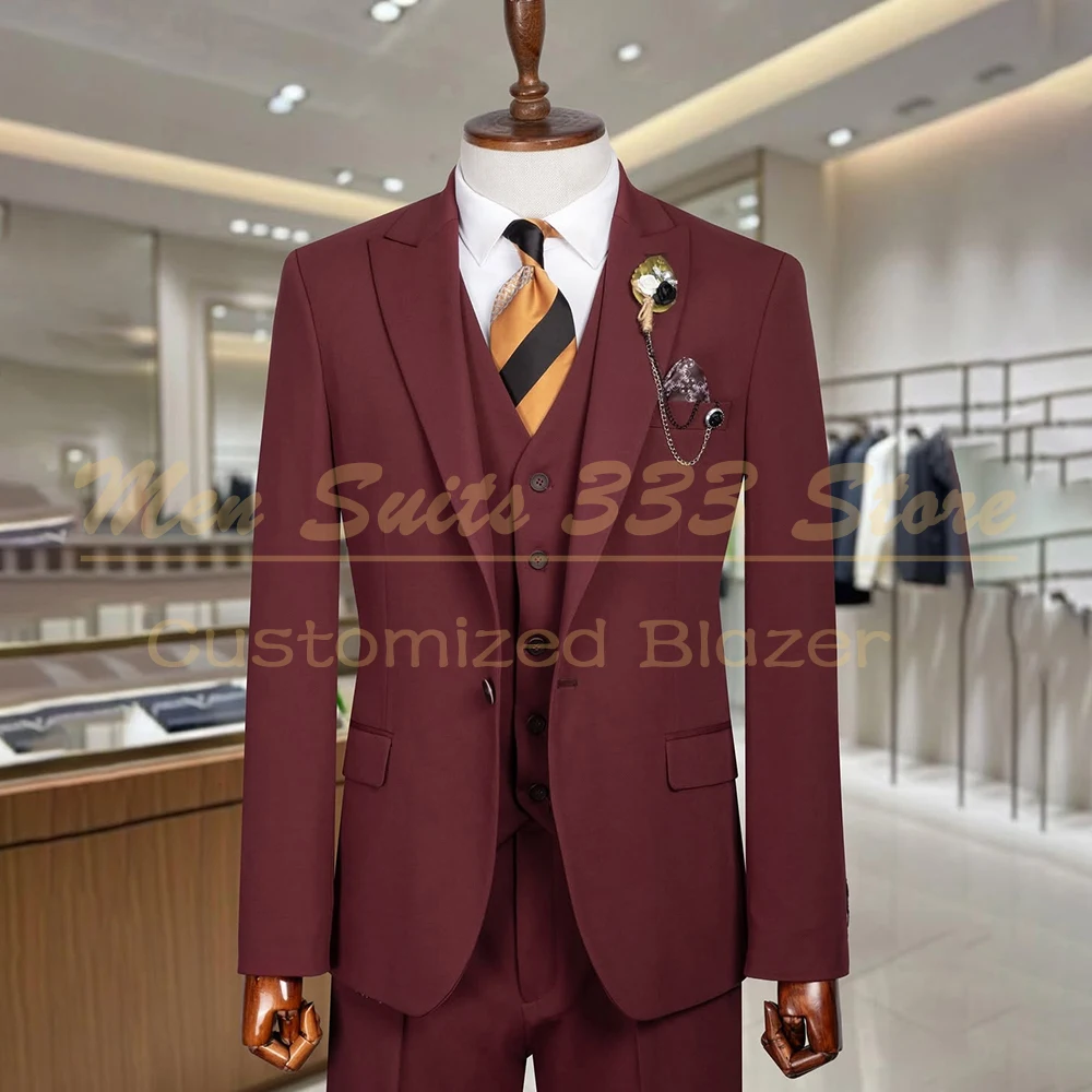 

Формальные мужские костюмы на одной пуговице, высококачественные свадебные комплекты из трех предметов, брюки-джак, жилет, полный комплект, облегающий мужской костюм с пиковыми лацканами