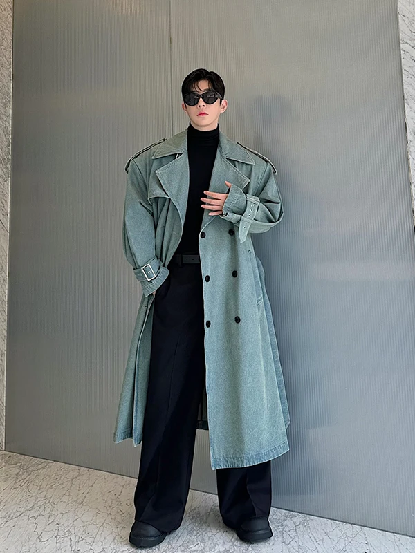 

Retro American Heavyweight Waed Denim Overcoat Long Length Men's Faion High Collar Double Breasted Coat