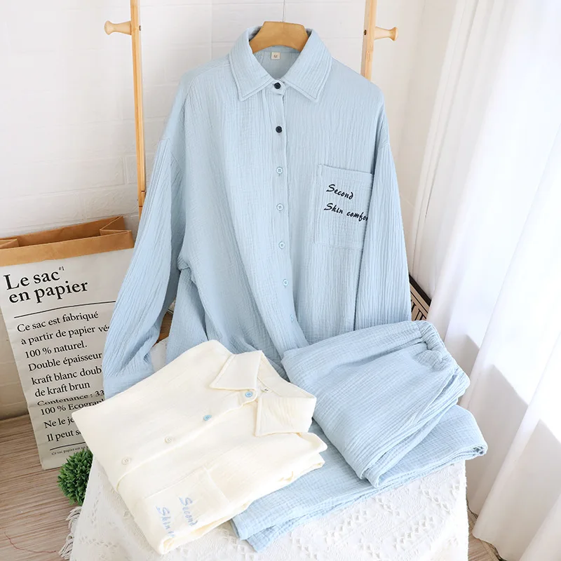 2026 Spring/Summer New Women's Pajama Set 100% Cotton Crepe Long Sleeve Long Pants Two Piece Set Solid Color Simple Home Clothes