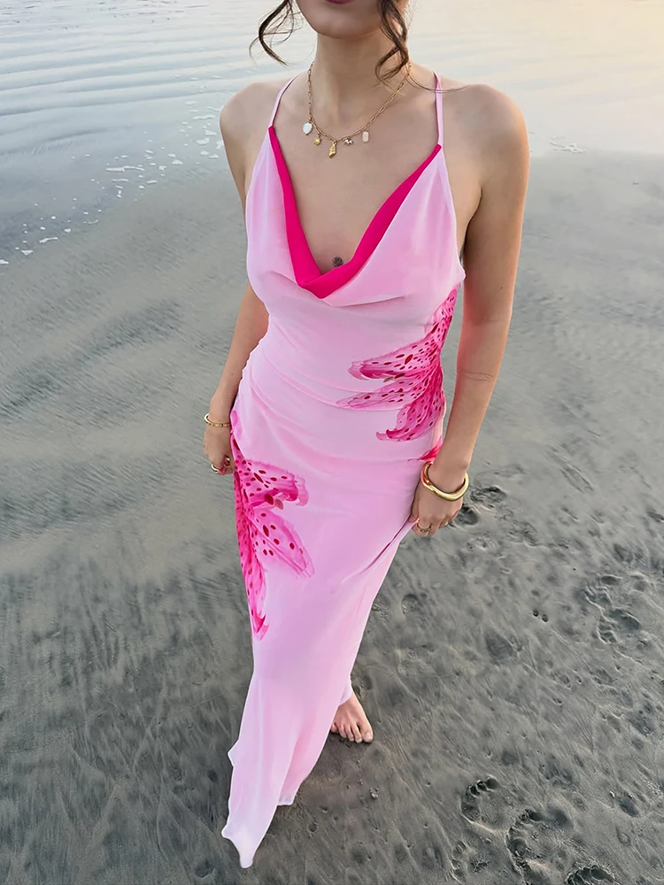 

Sisterlinda Vacation Maxi Dress Women Flower Print Patchwork Mesh Swing Collar Sleeveless Skinny Beach Party Elegant Vestidos