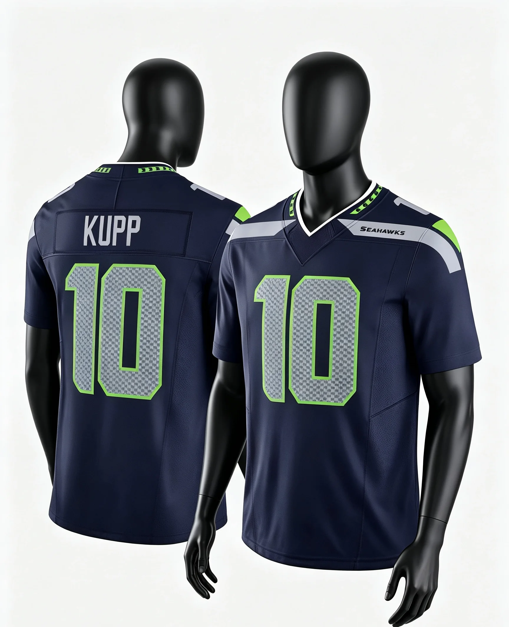 Männer Seattle # 10 Kupp Navy Heimtrikot mit Name und Nummer, V-Ausschnitt, Kurzarm, atmungsaktiv, für Sportfans, Alltagskleidung, Familien-Set – Detail 7
