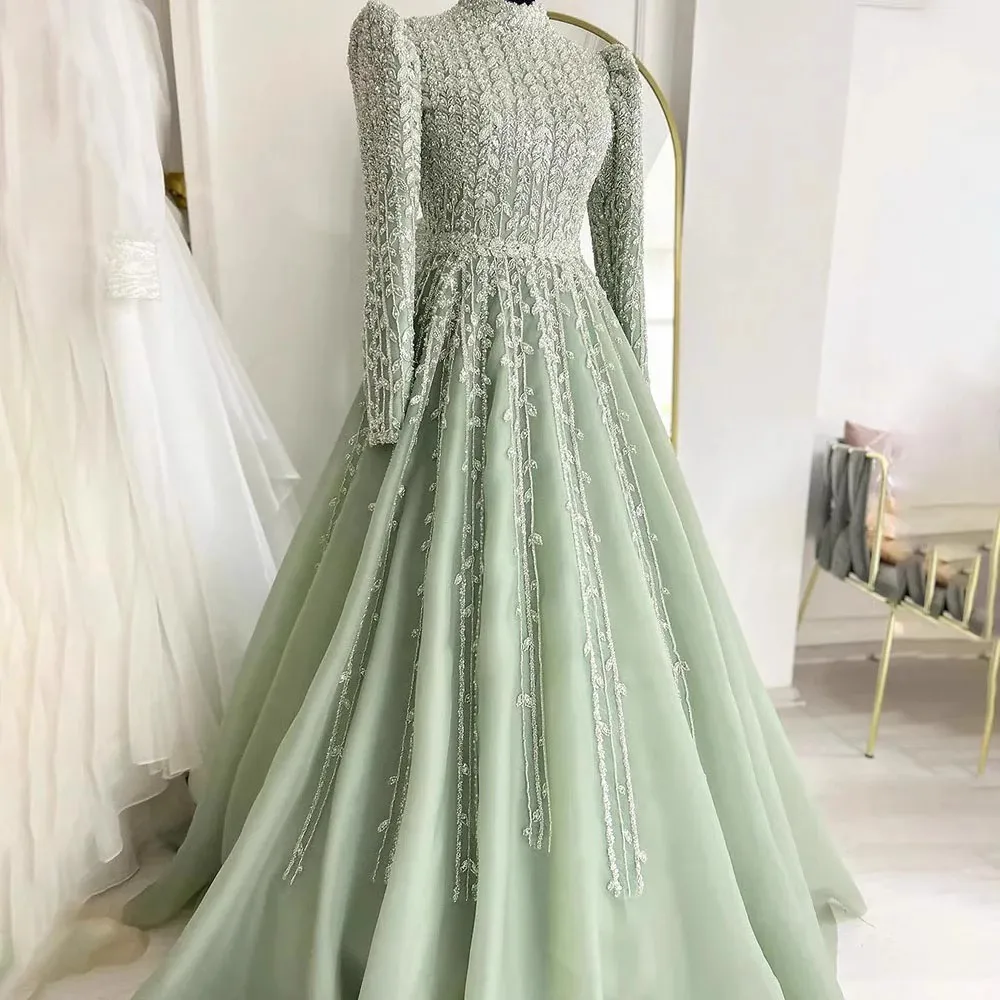 Charming Arabic Luxury Beading Women Evening Dresses Long Sleeve High Neck A Line Formal Occasion Dress Prom Pageant Gown Robe