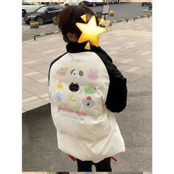 Women's Winter New Kawaii Coats Japanese Subculture Cute Cartoon Printed Cotton Jacket Oversized Black White Patchwork Clothing