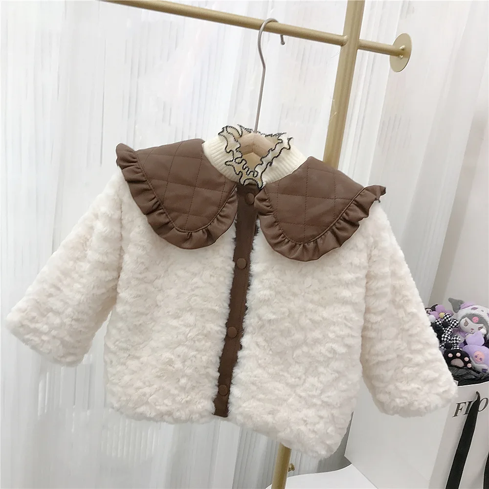 

Girls Coat Top Autumn and Winter Fur Collar Cashmere Warm Baby Fashion Air Thick Childrens Rabbit Hair Casual Simple girls Coat