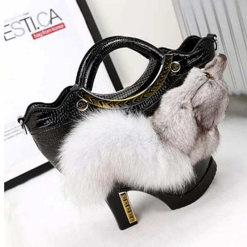 Autumn and winter new fox fur handbag personality creative high heels model hand-held diagonal bag