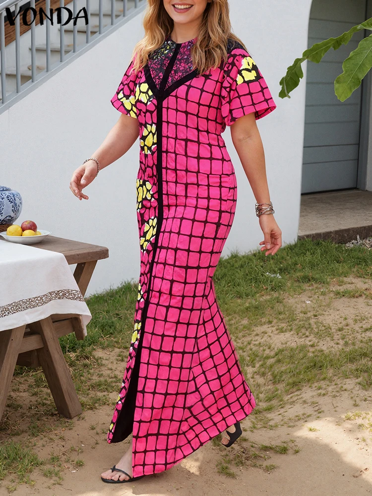 Plus Size Women Sundress Bohemian Short Sleeve Printed Maxi Long Dress 2025 VONDA Casual Loose Patchwork Beach Vestidos
