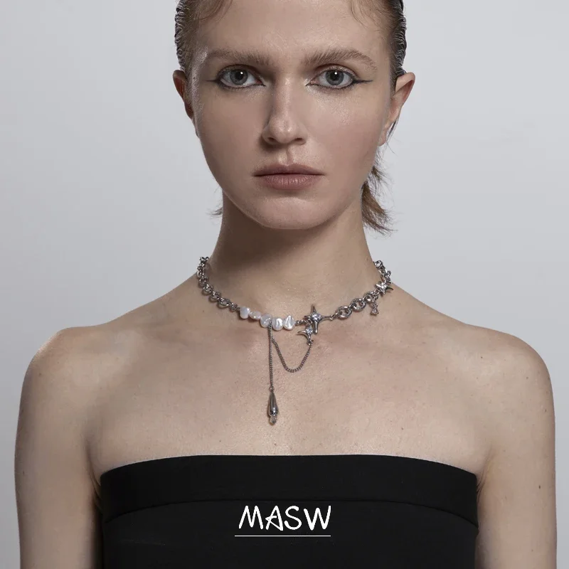 

MASW Original Design Fashion Choker Necklace 2024 New Trend Star Glass Pearl Brass Metal Chain Necklace Women Jewelry Gift