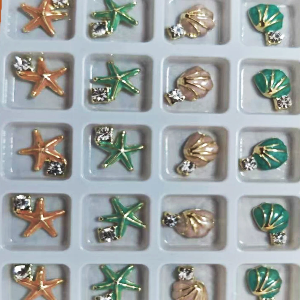20 TEILE/SCHACHTEL 5D Sommer Meer Shell Seestern Nagel Charms 10x10mm Ozean Thema Nagel Teile Mit Strass Bling maniküre Schmuck Charme