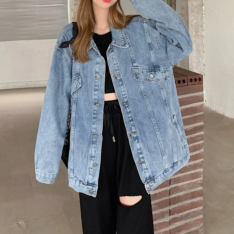 Fall Women Denim Jacket Fashion Blue Denim Coat Long-sleeved Loose Oversized Jeans Jacket Street Trend Retro Baggy Cowboy Tops