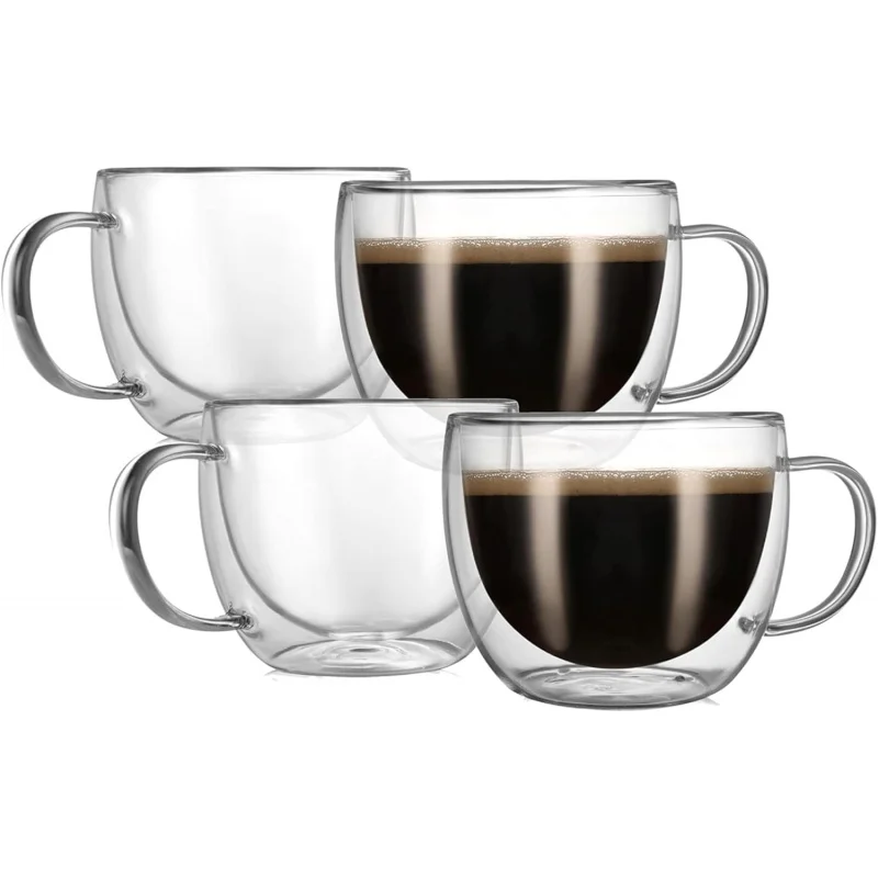 

4-Piece 8oz Double-Wall Clear Insulated Glass Coffee Mugs with Handle - For Espresso, Latte & Cappuccino