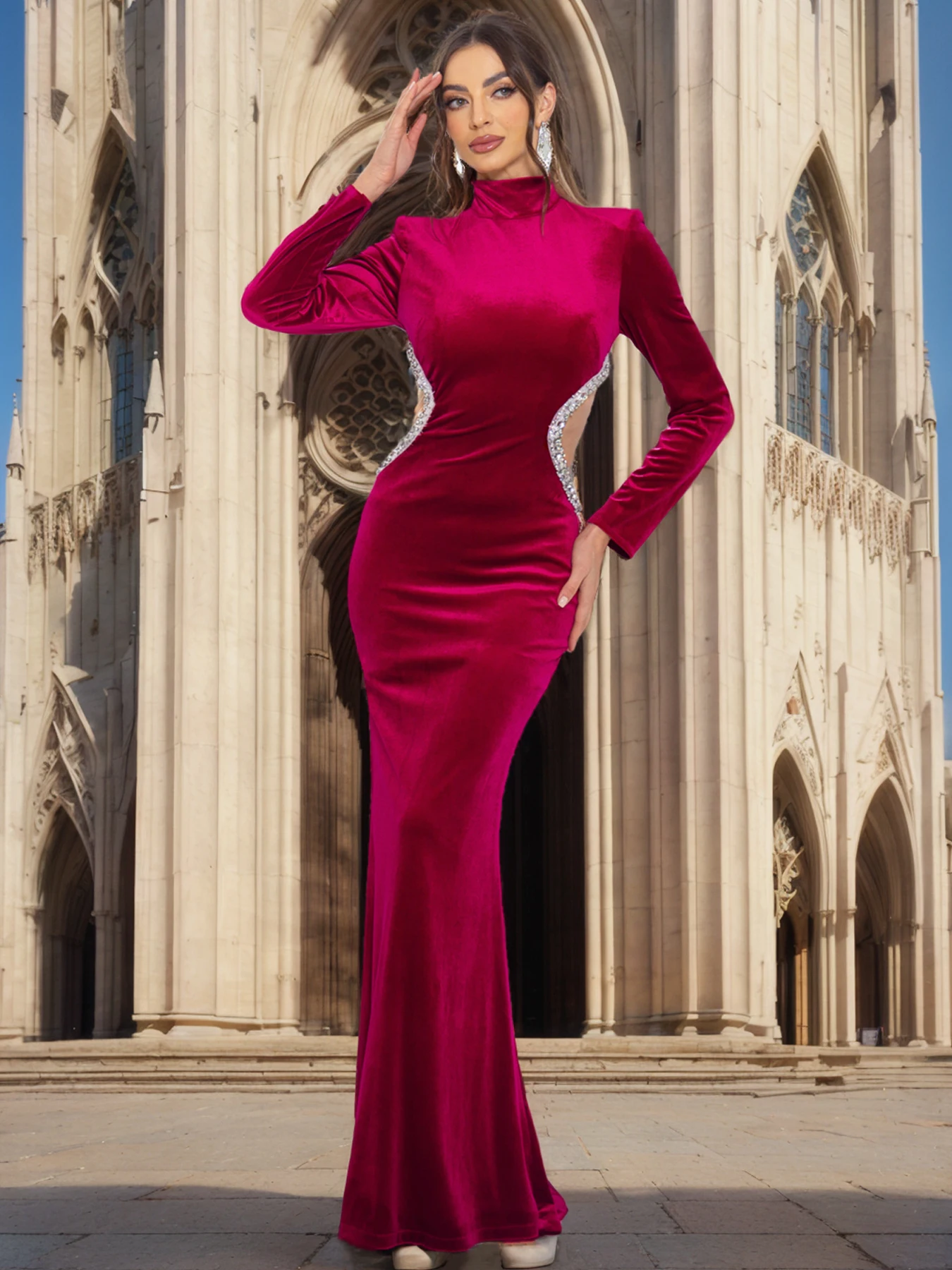 

Romagic O Neck Long Sleeves Hand Beading Waist Hollow Out Party Prom Ball Gown Red Velvet Formal Evening Dress Floor Length 2025