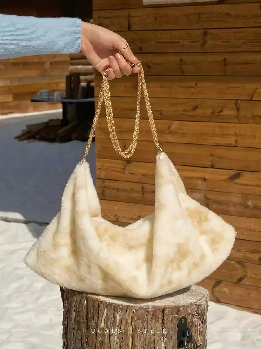 

Spring Autumn Faux Fur Cloud Bag Large Capacity Casual Tote Bag Fashion Luxury Clutch Purse Shoulder Crossbody Chain Bag