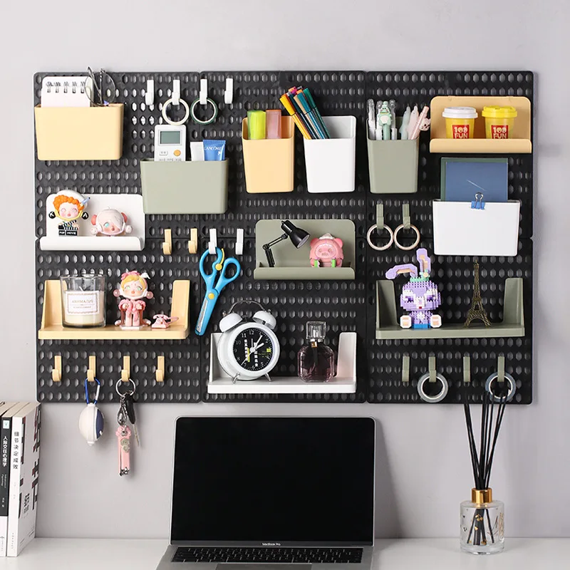 Imagem -02 - Wall Mount Shelf Hooks Hole Board Rack de Armazenamento Auto-adesivo Desk Organizer Organização do Quarto Vários Home Storage Acessórios