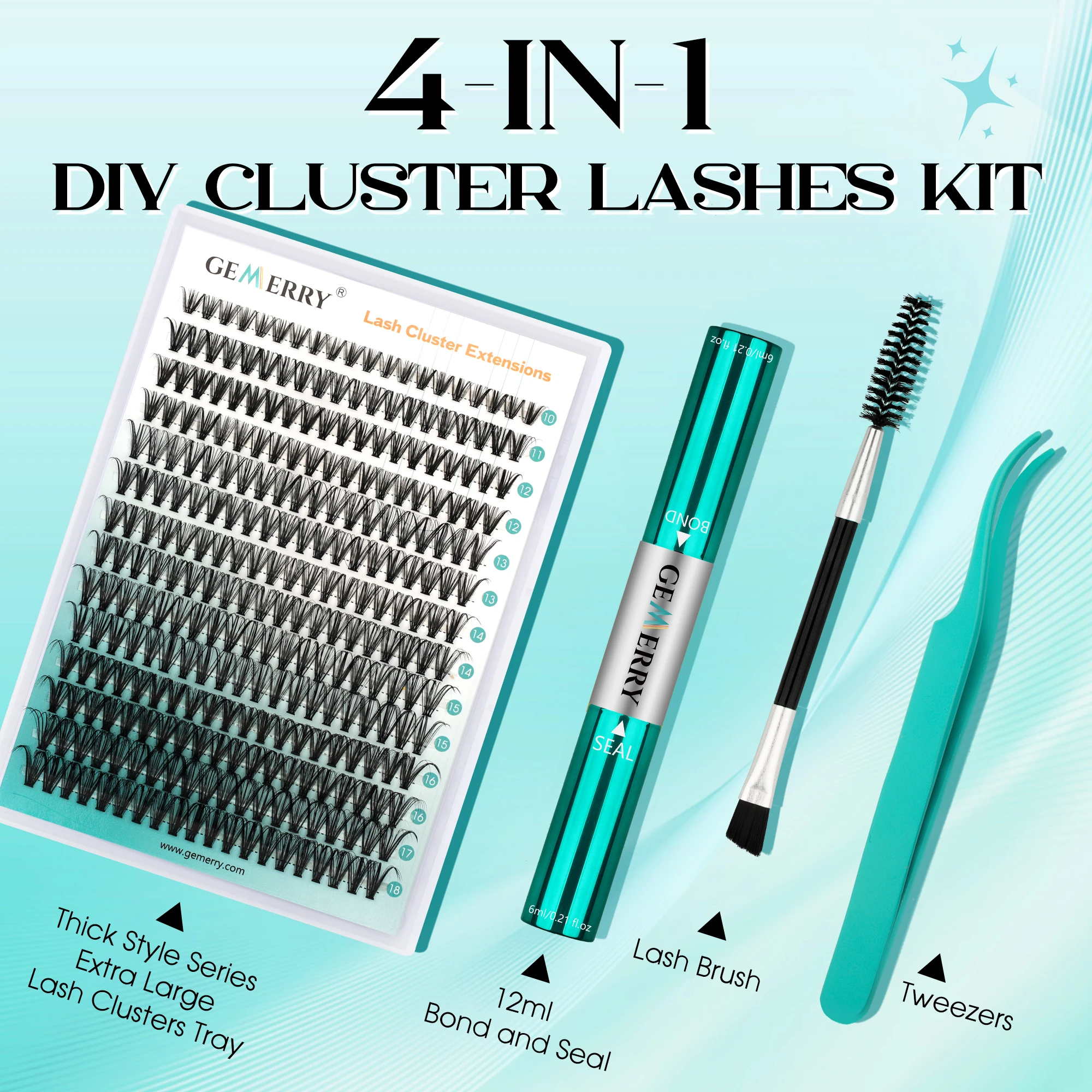 Gemerry 40d-200d mix diy kit de extensão de cílios individual clusters kit fofo d curvatura com ligação e vedação de cílios, pinças de cílios