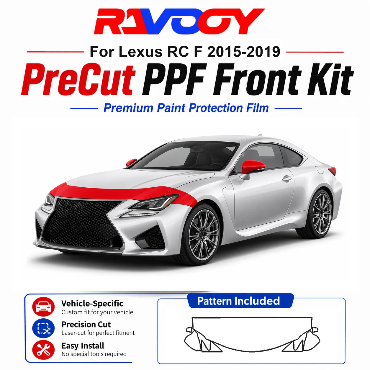 

8.5mil TPU Precut PPF Kit For Lexus RC F 2015-2019 - Hood, Partial Fenders & Full Mirror Set - Self-Healing Gloss Clear Bra Film