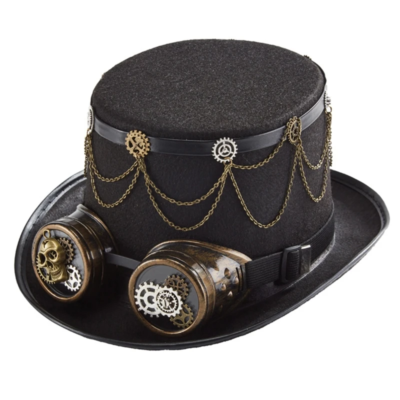 

Victorian Leather Rope Gear Steampunk Hat with Goggles Top Hat for Night Party