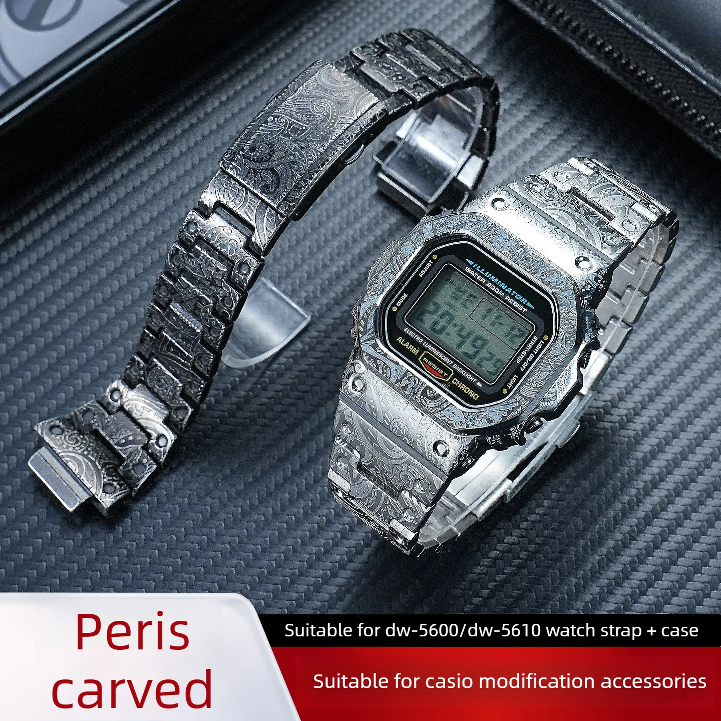 Suitable for Casio Small Square DW5600/GWM5610 Modified Retro Perris Pattern Metal Case Steel Belt