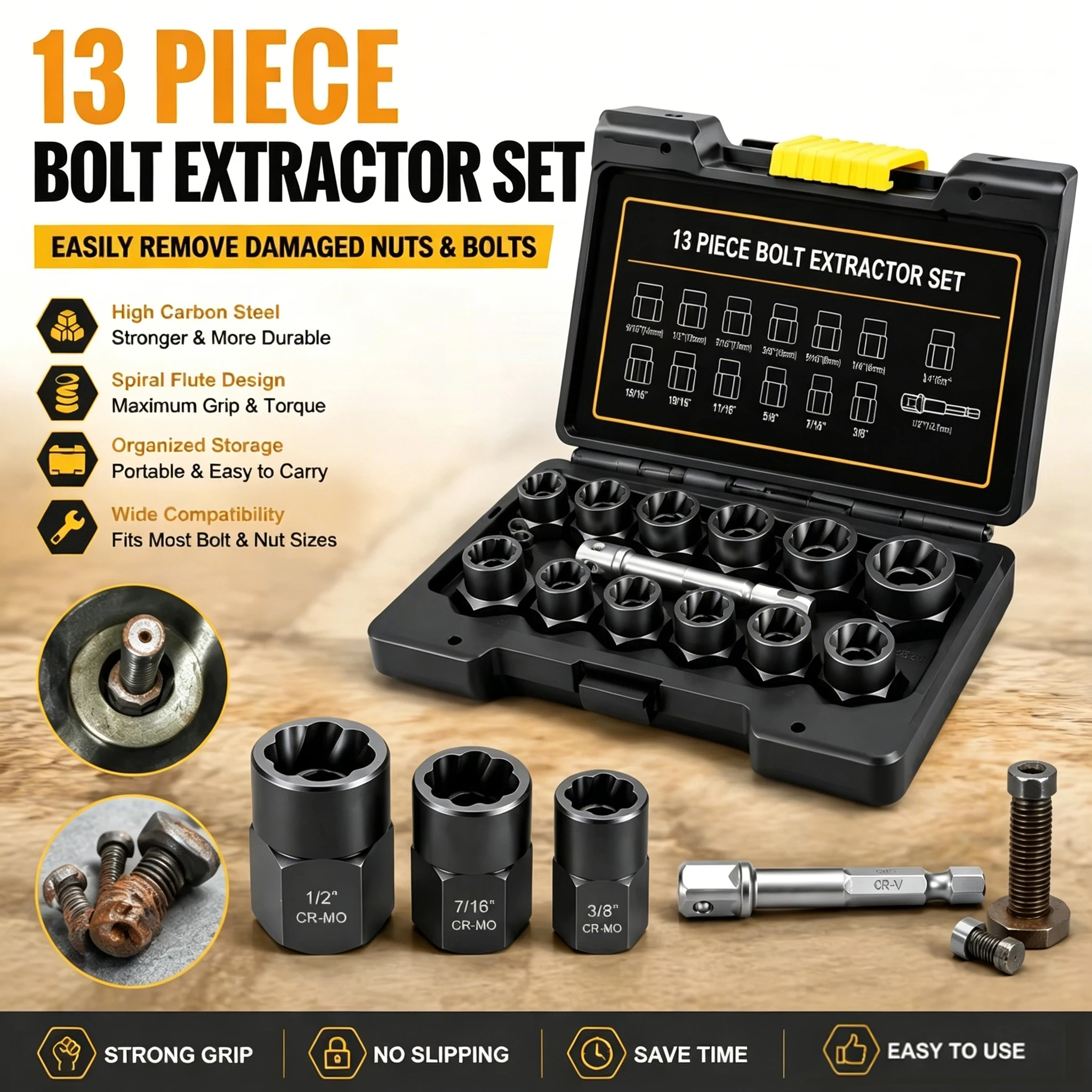 13PCS Cr-V Steel Non-Slip Hexagonal Bolt Nut Remover, Stripped Damaged Screw Fastener Extractor Disassembly Tool Kit