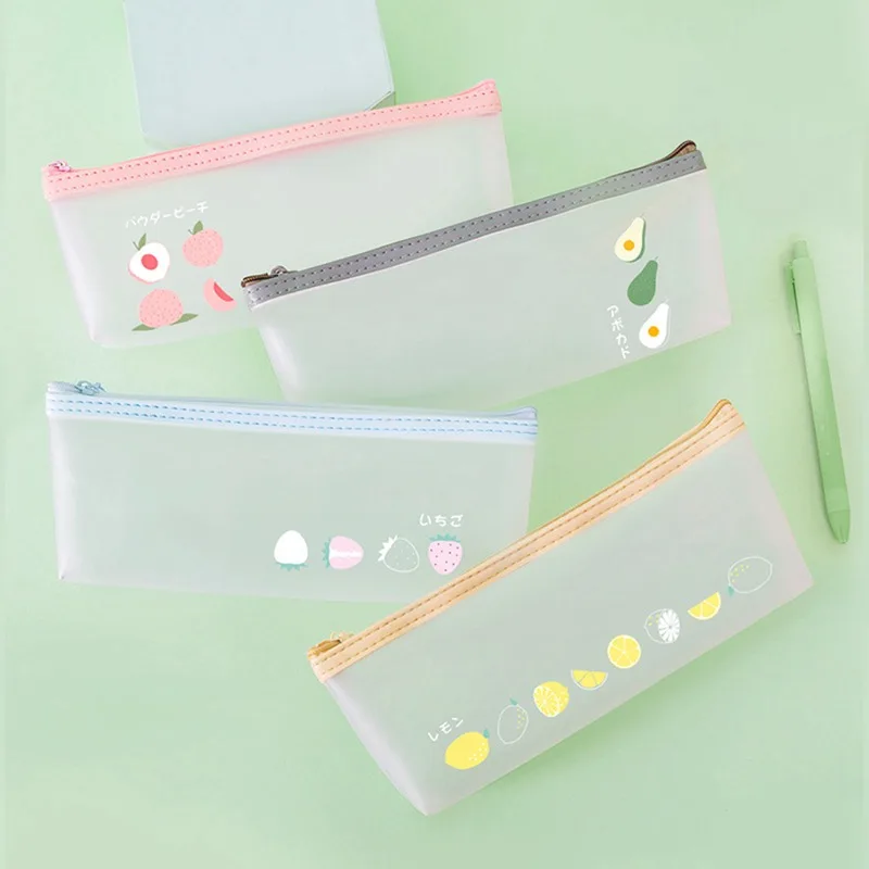 Transparent Frosted Pencil Case Fresh Fruit Pencil Storage Pouch Stationery Box School Supplies With Zipper Makeup Cosmetics Bag